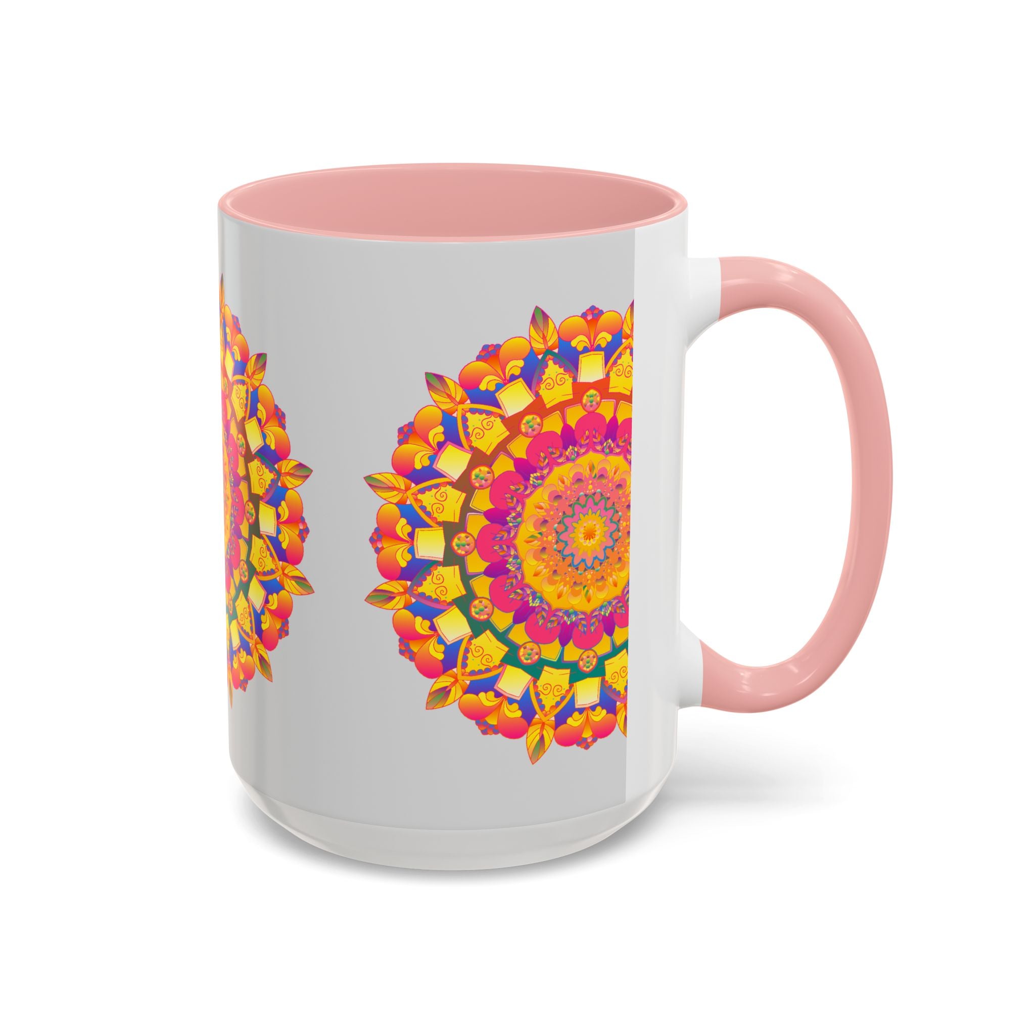 Beautiful mandala art mug with vibrant colors on a grey background