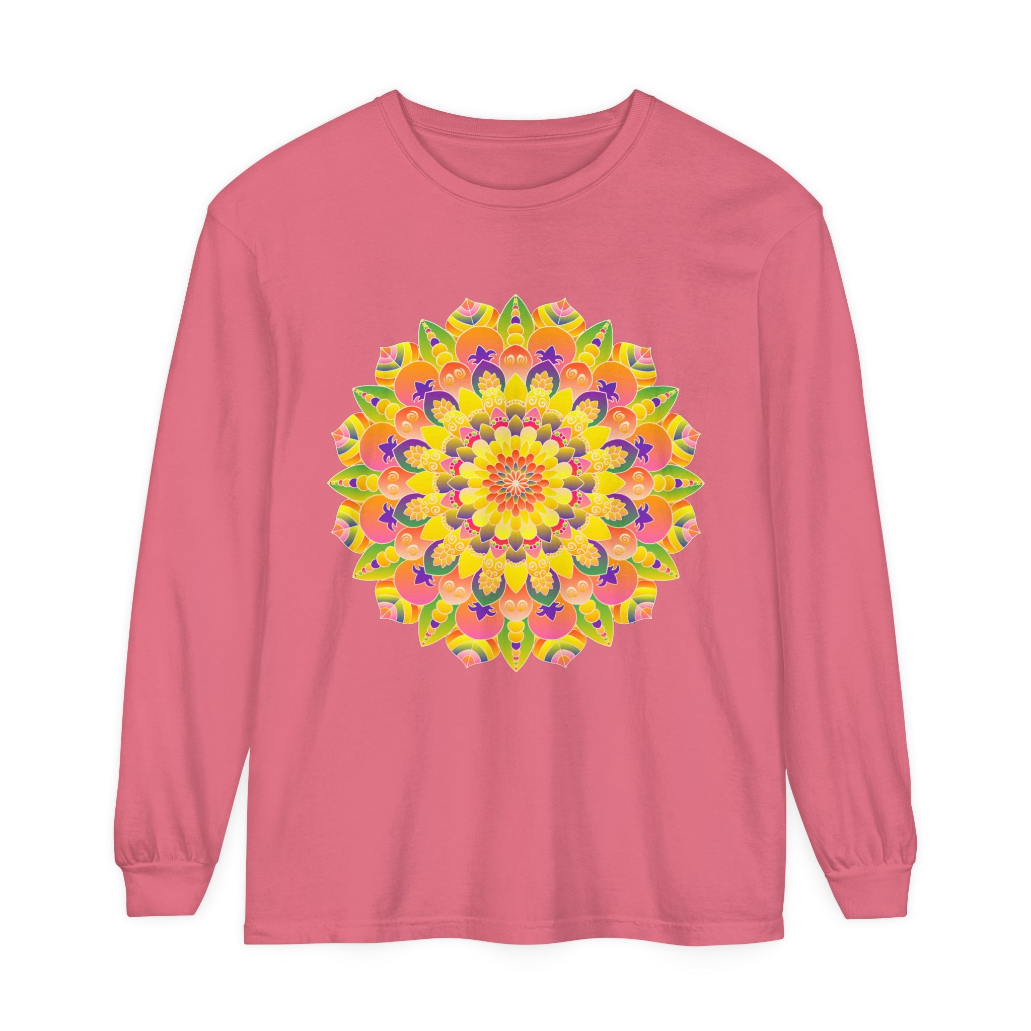 Colorful and intricate mandala design on a unisex long sleeve t-shirt