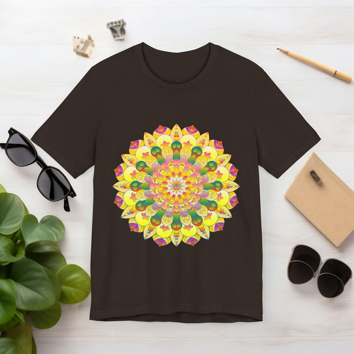 A vibrant mandala tee featuring spiritual symbols for peace and harmony