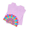 Vibrantly colored mandala t-shirt featuring intricate psychedelic art design