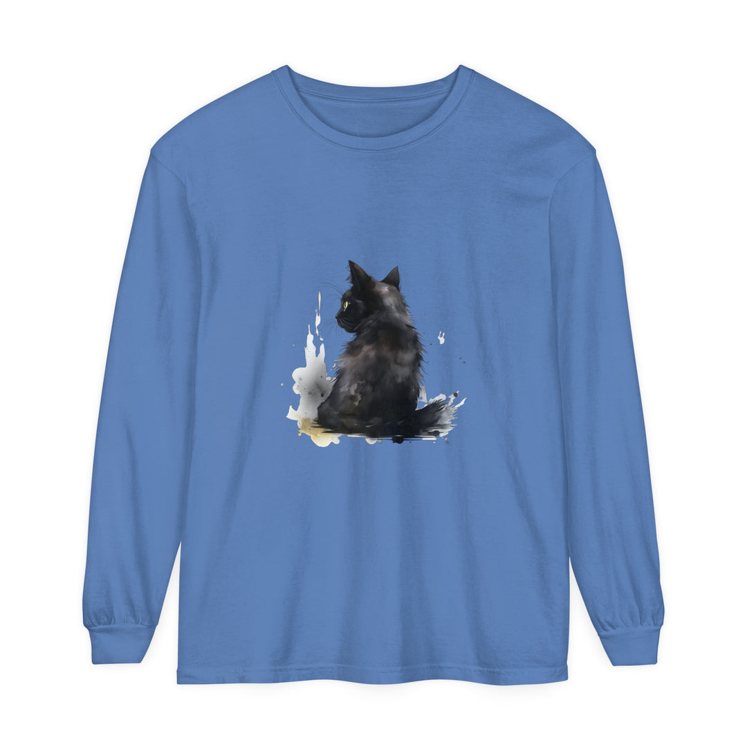 Black Cat Watercolor Dream long sleeve t-shirt with vibrant colors and intricate design