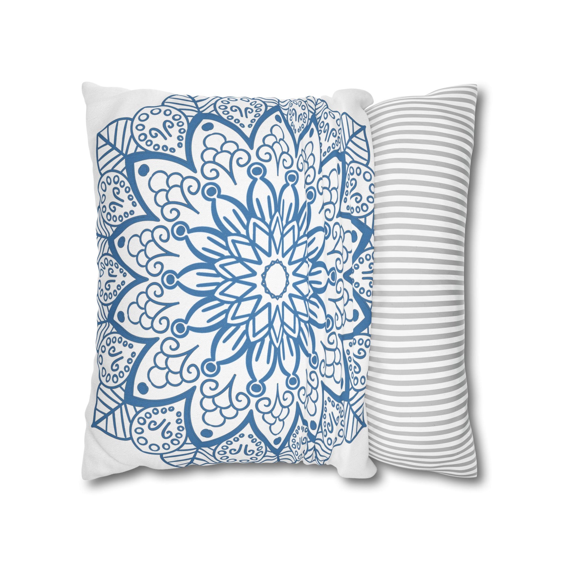 Spun polyester pillowcase featuring hand-drawn mandala art in steel blue