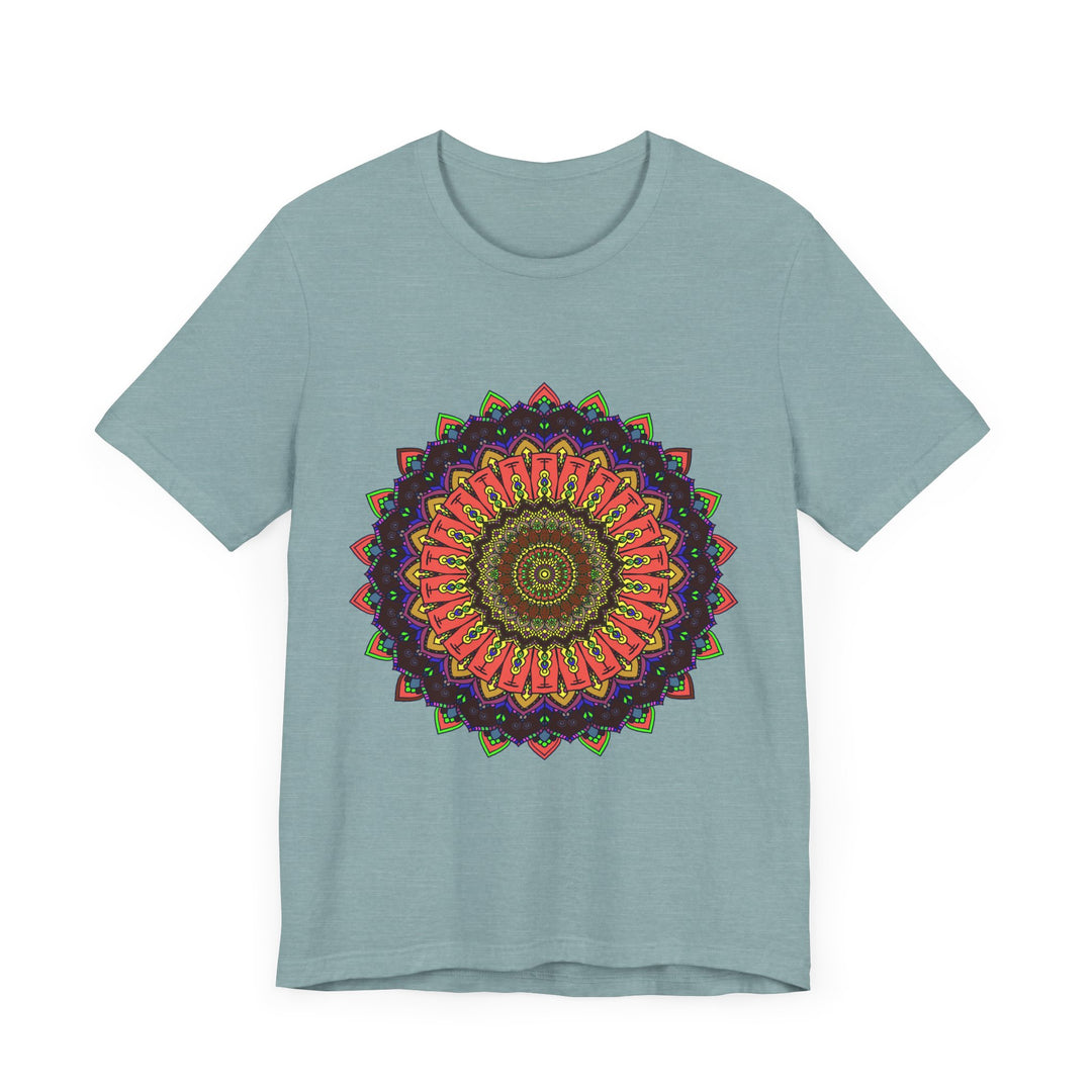 Close up of a Colorful Mandala Tee featuring an intricate and vibrant design