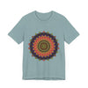 Close up of a Colorful Mandala Tee featuring an intricate and vibrant design