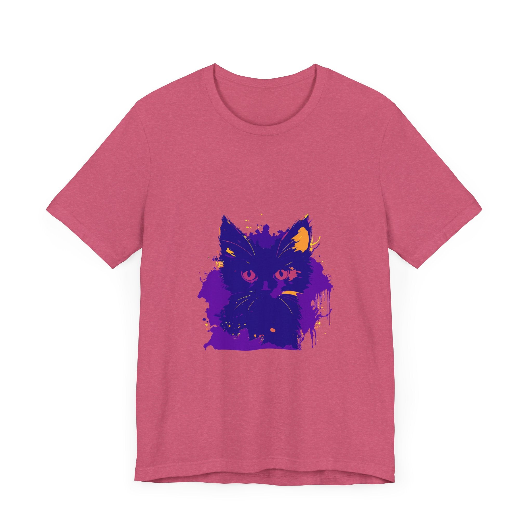 Whimsical blue and pink cat t-shirt featuring a playful feline design