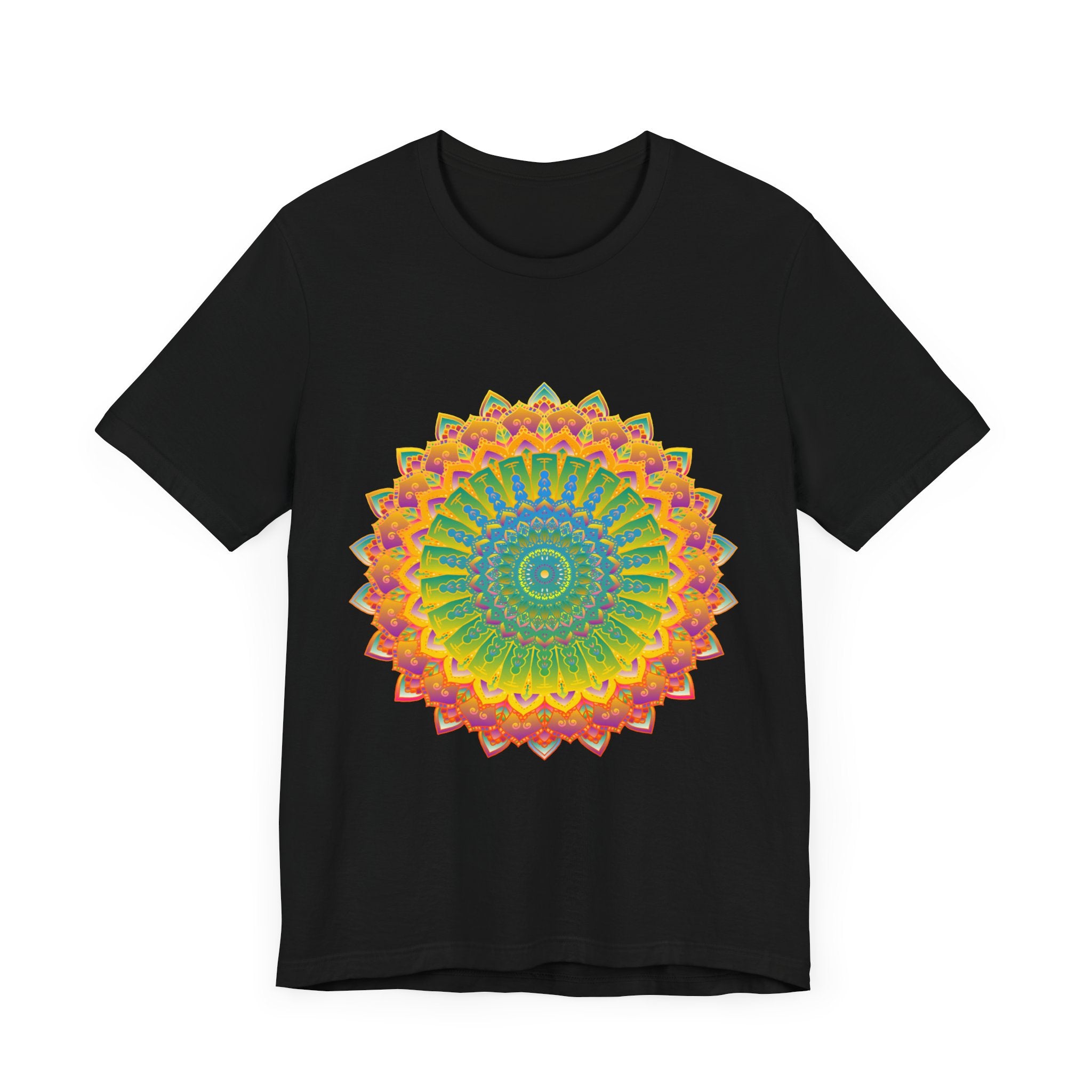 A close-up image of a vibrant mandala tee with intricate art and design, featuring colorful patterns and detailed symmetry