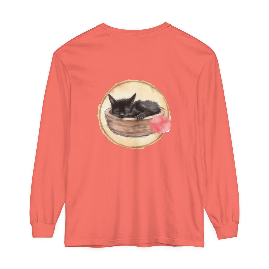 Watercolor illustration of a cute sleeping cat in a bowl on a long sleeve t-shirt