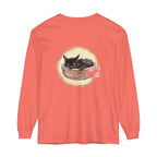 Watercolor illustration of a cute sleeping cat in a bowl on a long sleeve t-shirt