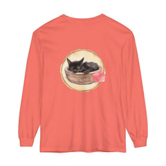 Watercolor illustration of a cute sleeping cat in a bowl on a long sleeve t-shirt