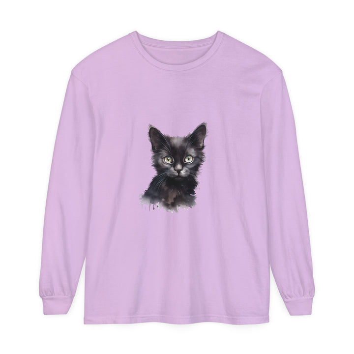 Black Cat Watercolor Long Sleeve T-Shirt with vibrant watercolor cat design