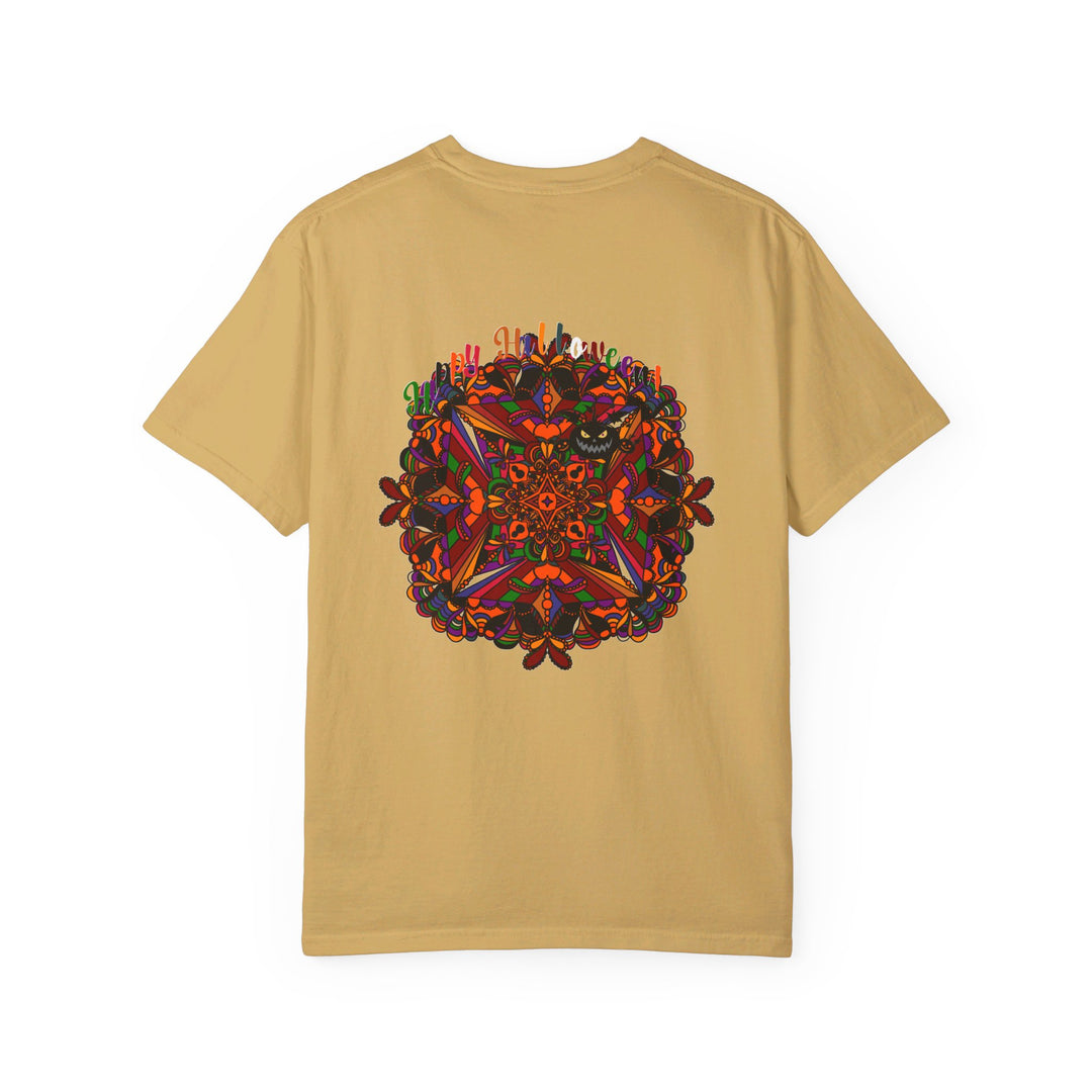 Unisex garment-dyed tee with handmade pumpkin mandala art for Halloween