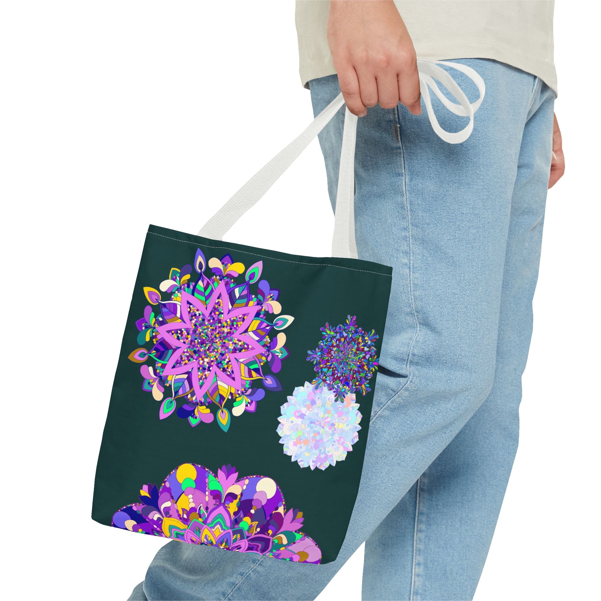 Colorful hand-designed mandala tote bag made of durable, eco-friendly materials