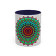 Handcrafted light grey mug with colorful mandala art design inspired by traditional Indian patterns