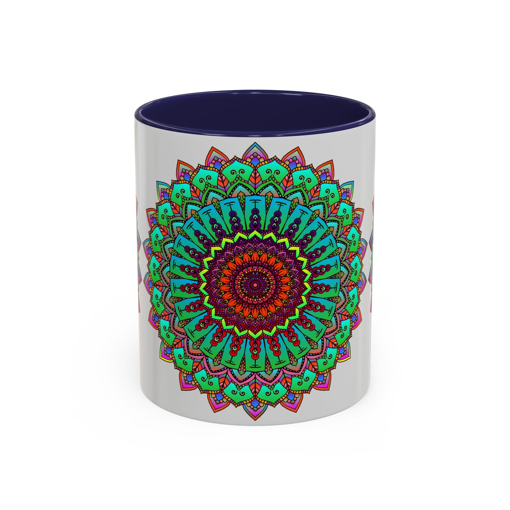 Handcrafted light grey mug with colorful mandala art design inspired by traditional Indian patterns