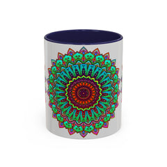 Handcrafted light grey mug with colorful mandala art design inspired by traditional Indian patterns