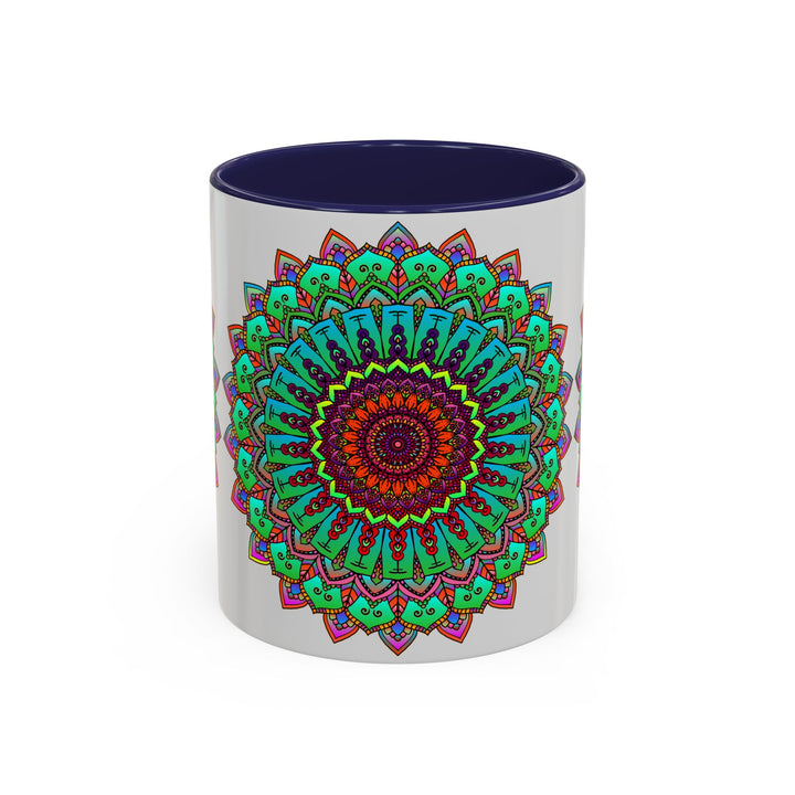 Handcrafted light grey mug with colorful mandala art design inspired by traditional Indian patterns