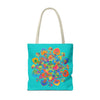 Vibrant azure Mandala Lotus Tote Bag with intricate floral design