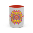 Colorful ceramic mug with intricate mandala design, perfect for promoting relaxation and mindfulness during morning coffee or tea rituals