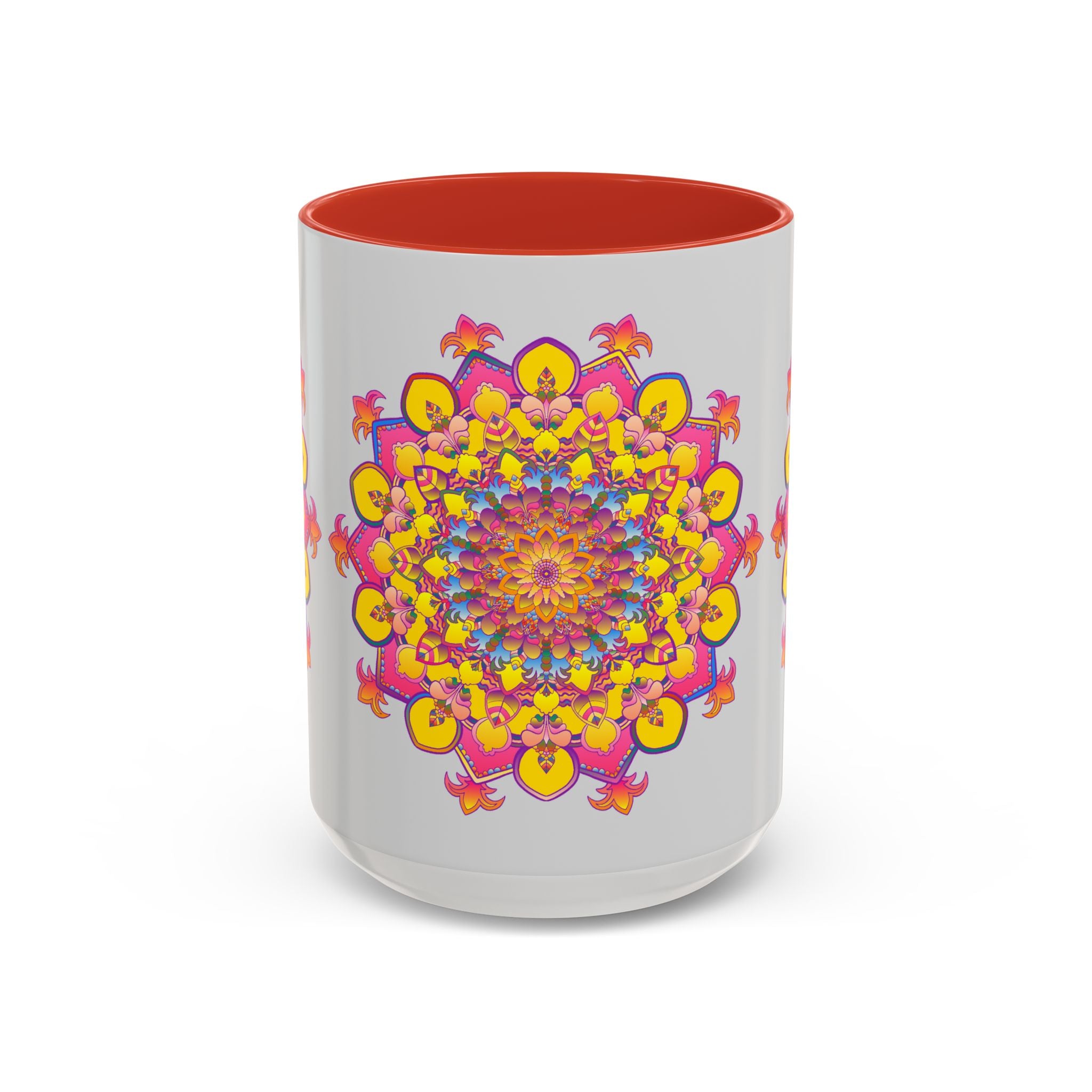 Colorful ceramic mug with intricate mandala design, perfect for promoting relaxation and mindfulness during morning coffee or tea rituals