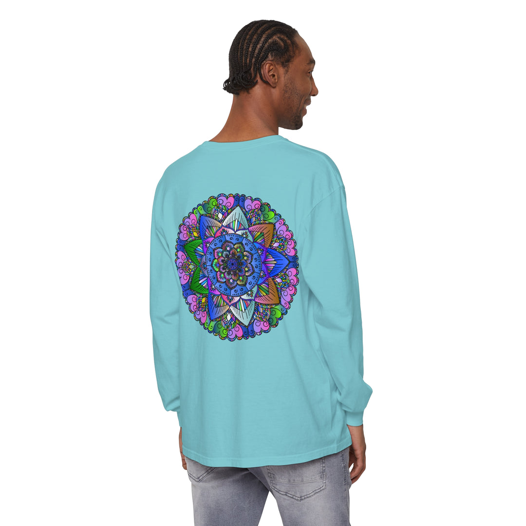 A colorful and intricate mandala design adorns this comfortable unisex long sleeve t-shirt