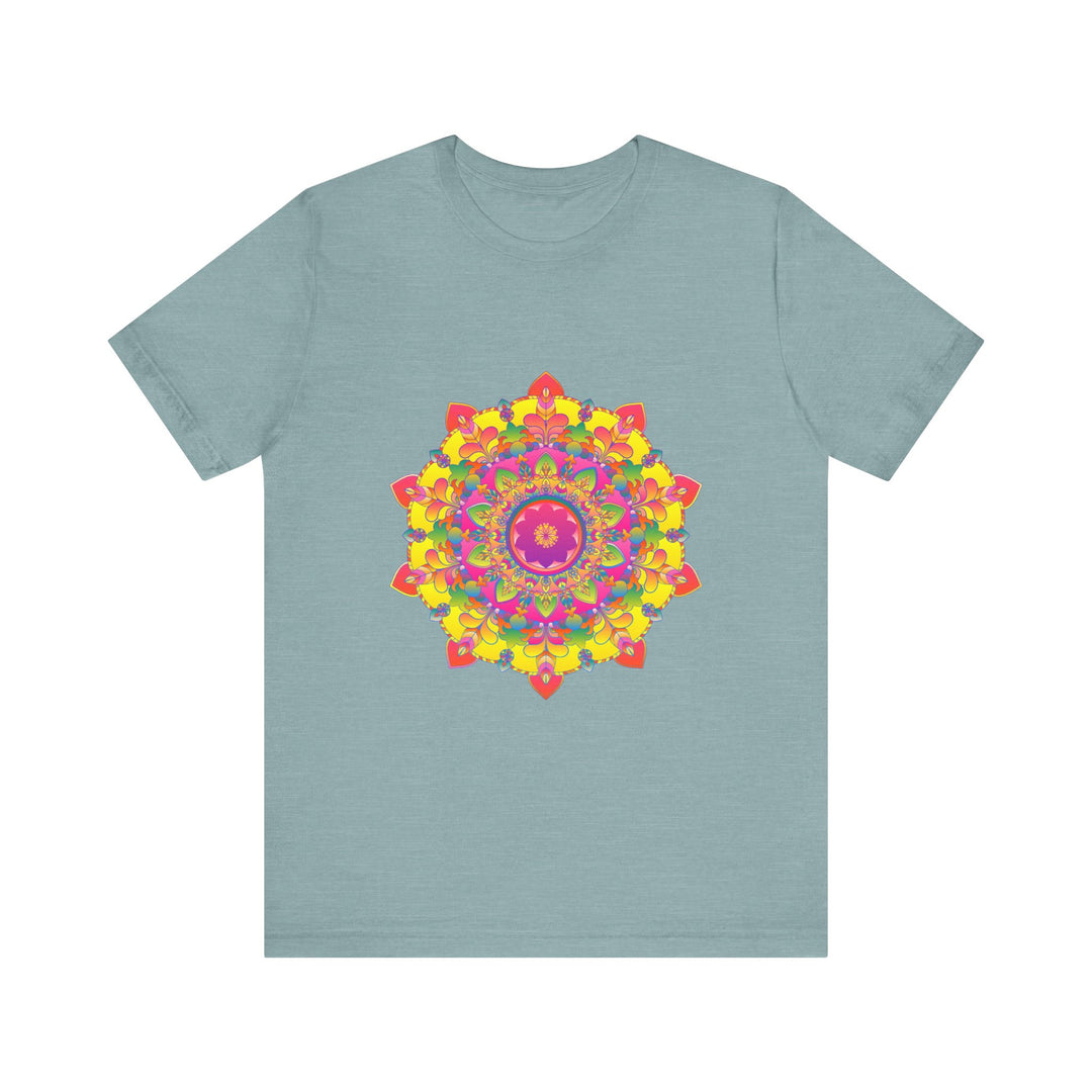 Vibrant Mandala Tee featuring a colorful floral design in red, blue, green, and yellow with intricate patterns and a bold, eye-catching aesthetic