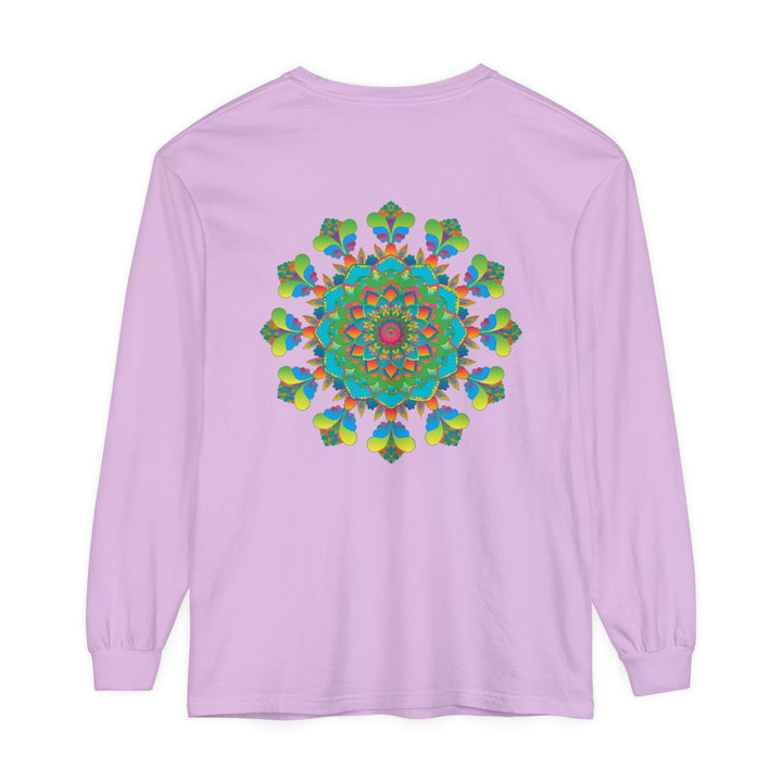 Colorful and intricate Psychedelic Mandala Tie Dye Long Sleeve T-Shirt on display