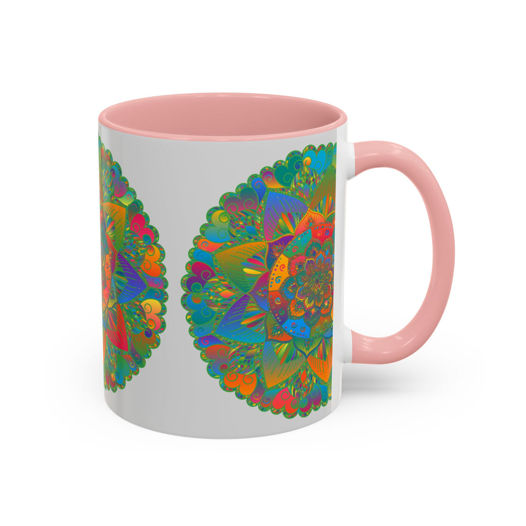 Handcrafted ceramic mug with intricate mandala art featuring colorful floral design and vibrant hues, perfect for enjoying your favorite hot beverage