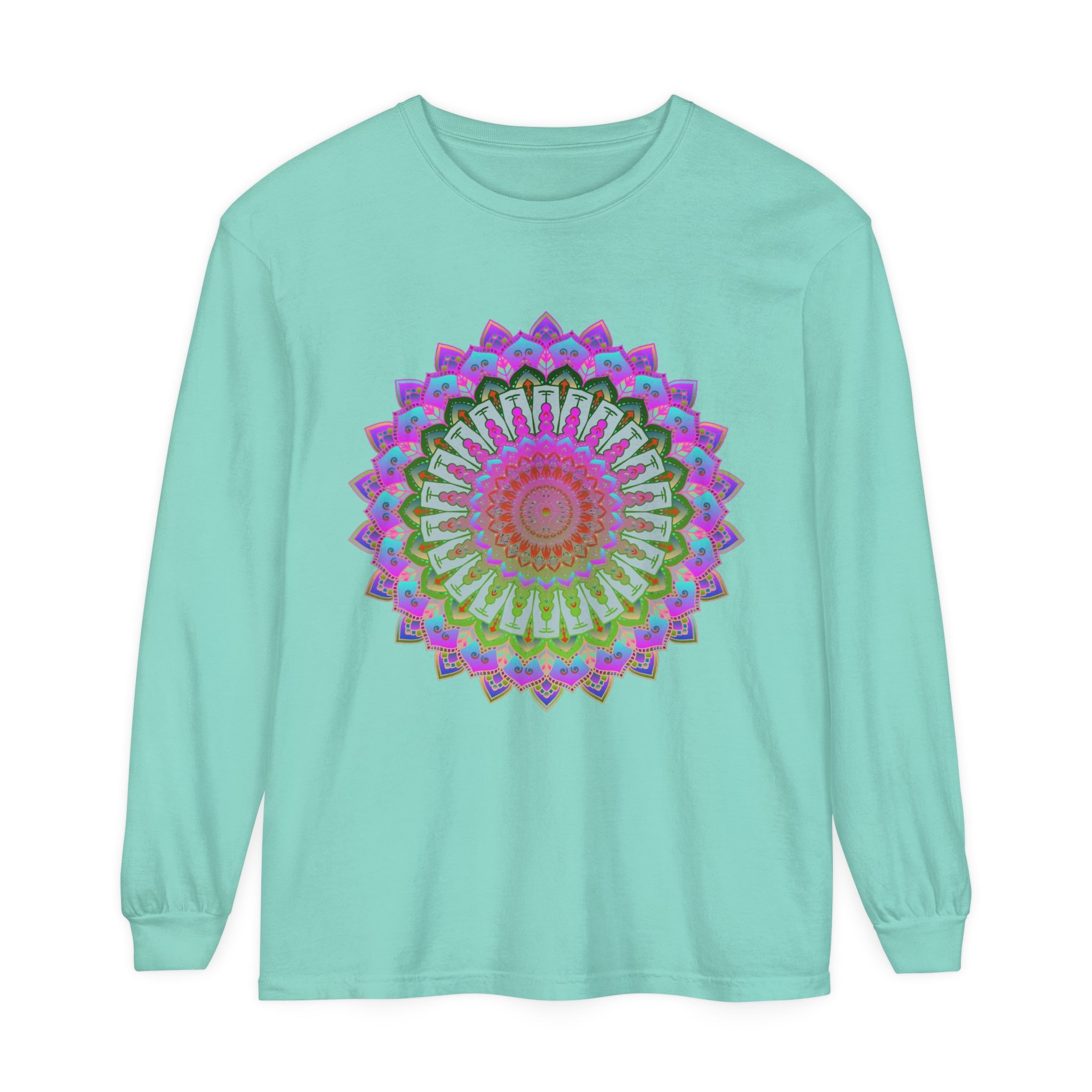 A colorful mandala patterned long sleeve t-shirt, suitable for both men and women