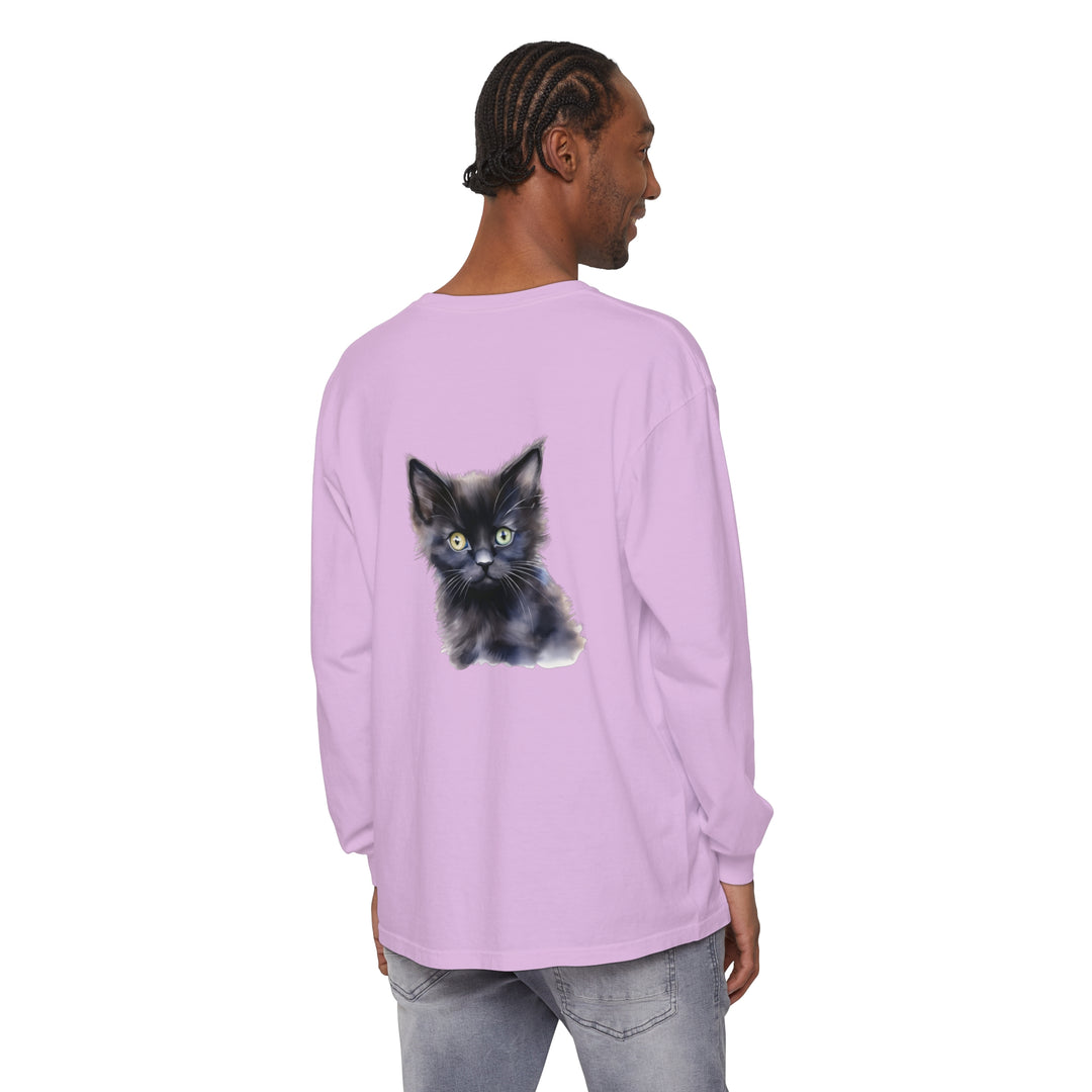 Black long sleeve unisex t-shirt with a mystical kitten design