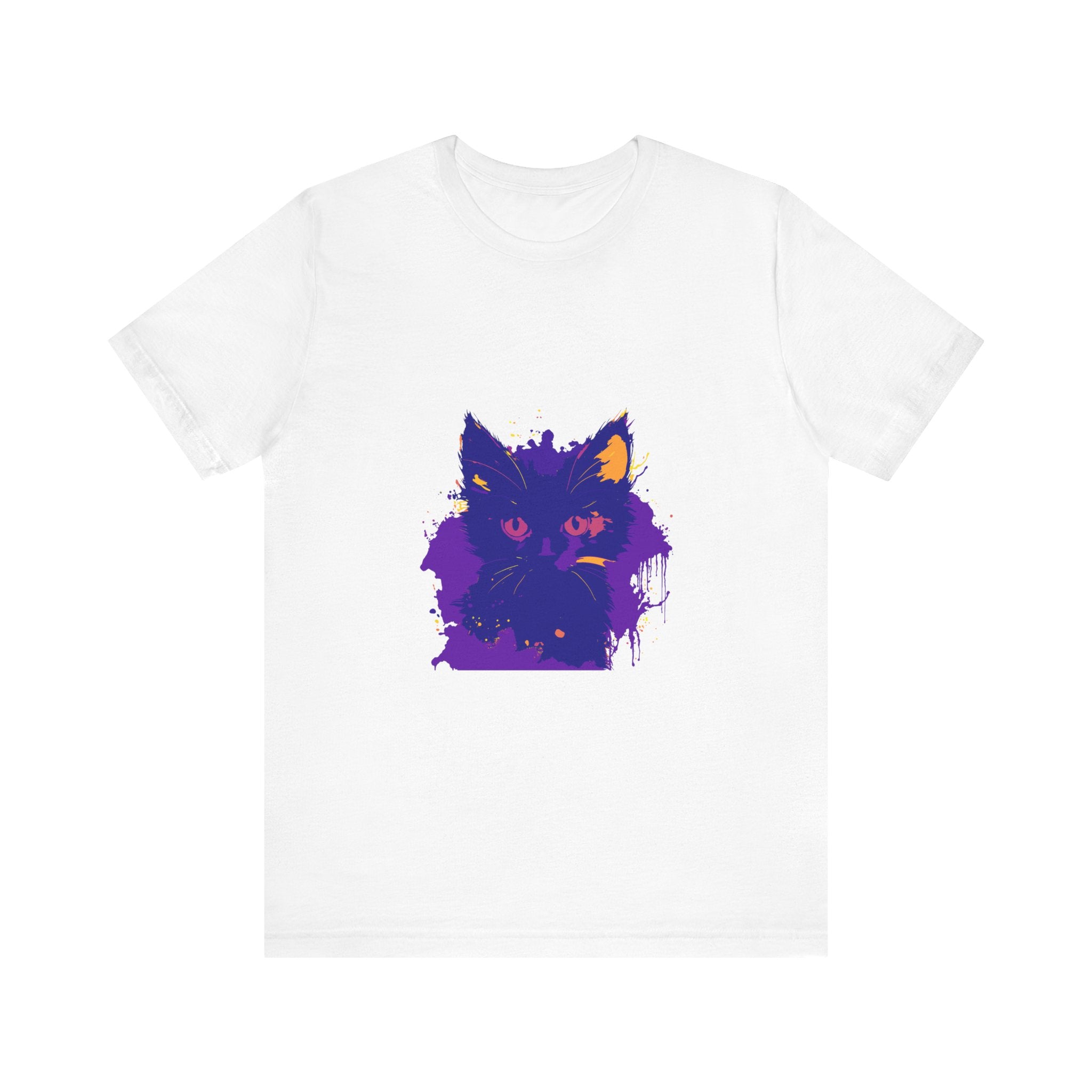 A playful and colorful cat t-shirt featuring blue and pink hues