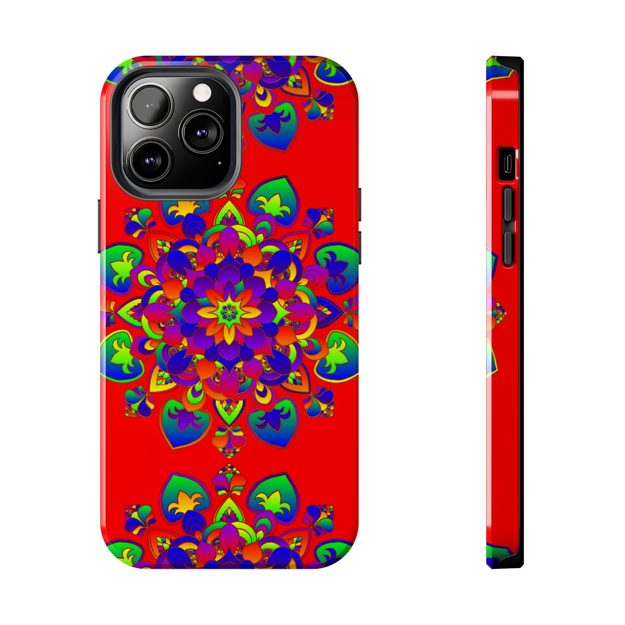 Hand drawn red mandala art phone case with intricate floral design