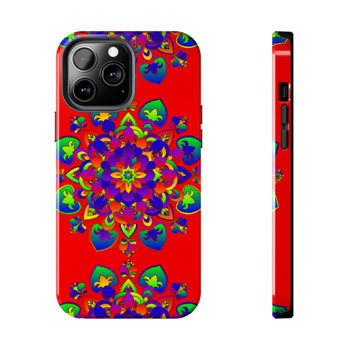 Hand drawn red mandala art phone case with intricate floral design