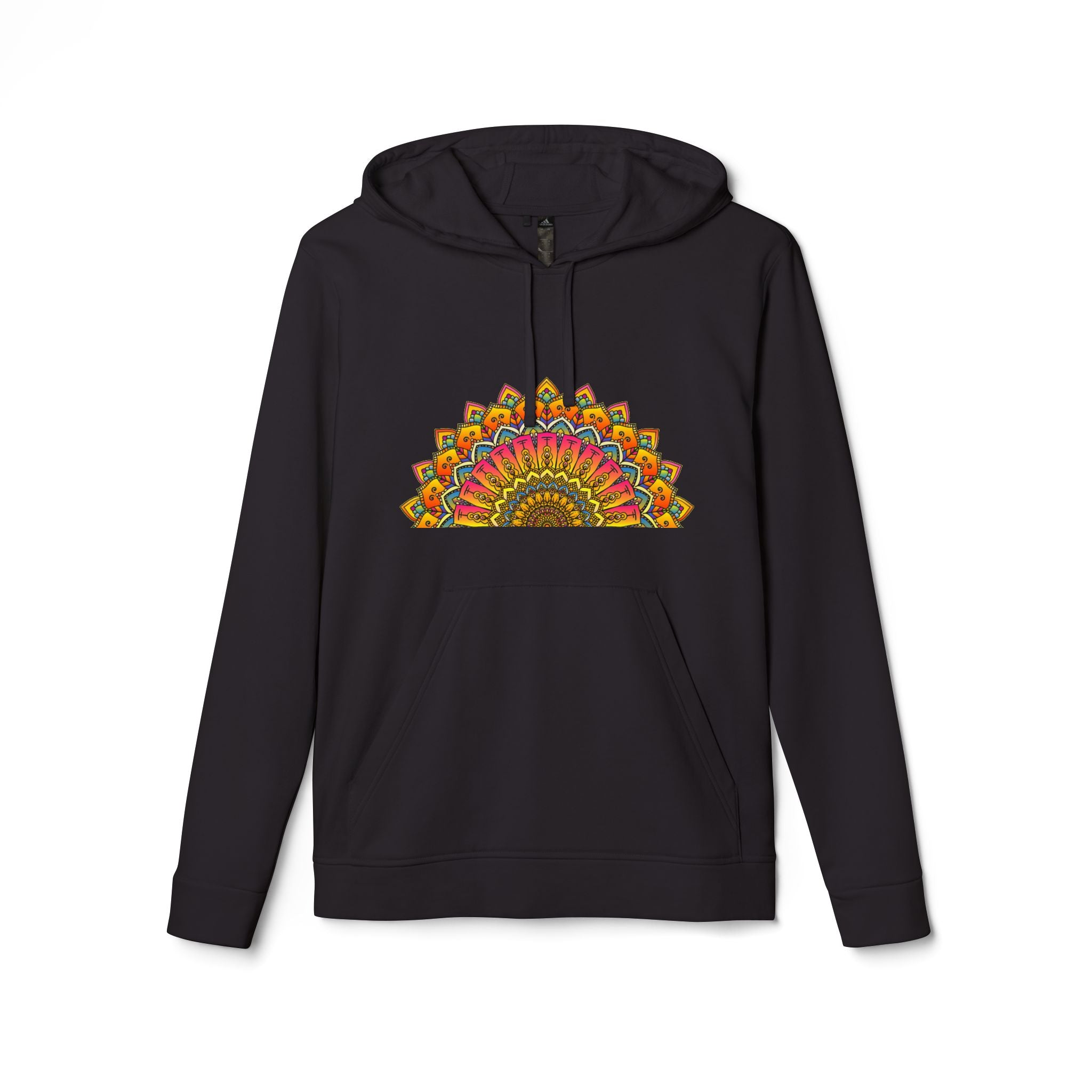 A close-up image of a cozy Adidas Mandala Fleece Hoodie in navy blue, featuring a stylish mandala design on the front