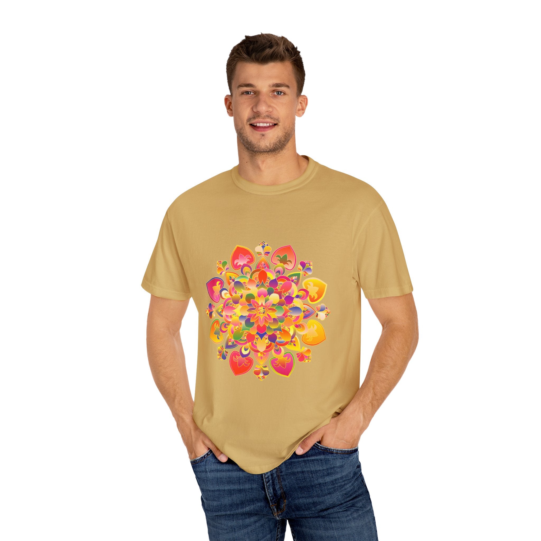 Vibrant Mandala T-Shirt featuring intricate, hand-drawn design with bold colors