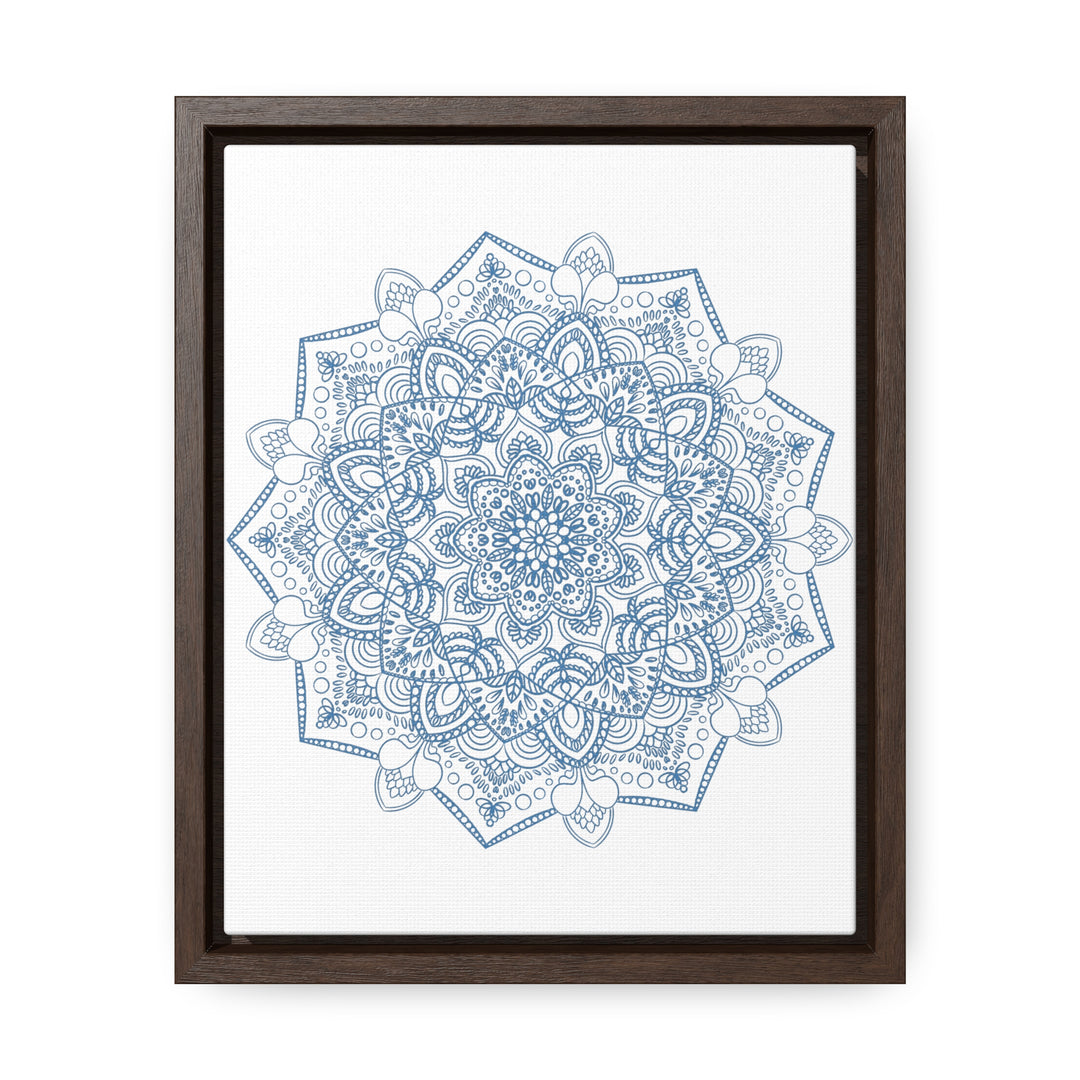 Handmade steel blue mandala design wall art on gallery canvas wraps, in a vertical frame, adds a unique and intricate touch to any space