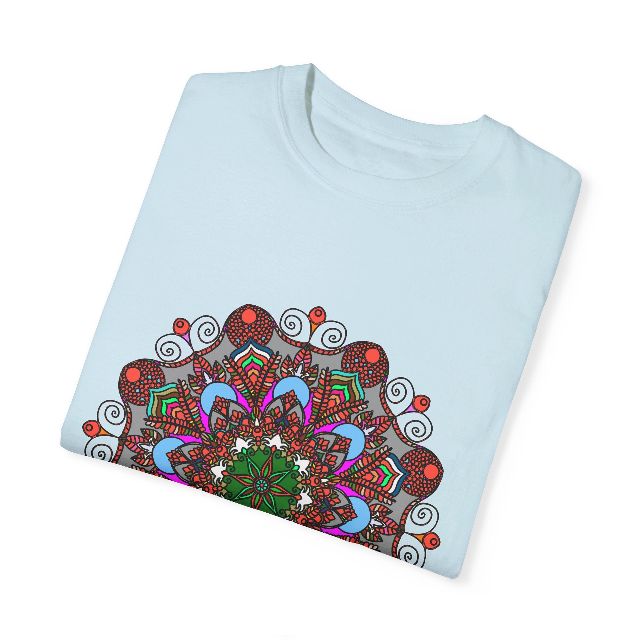 Unisex mandala t-shirt made of 100% ring-spun cotton, featuring hand-drawn mandala art and garment-dyed for extra comfort