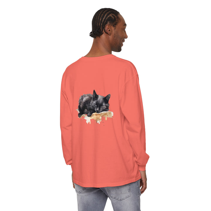 A beautiful watercolor illustration of a black cat sleeping on a t-shirt