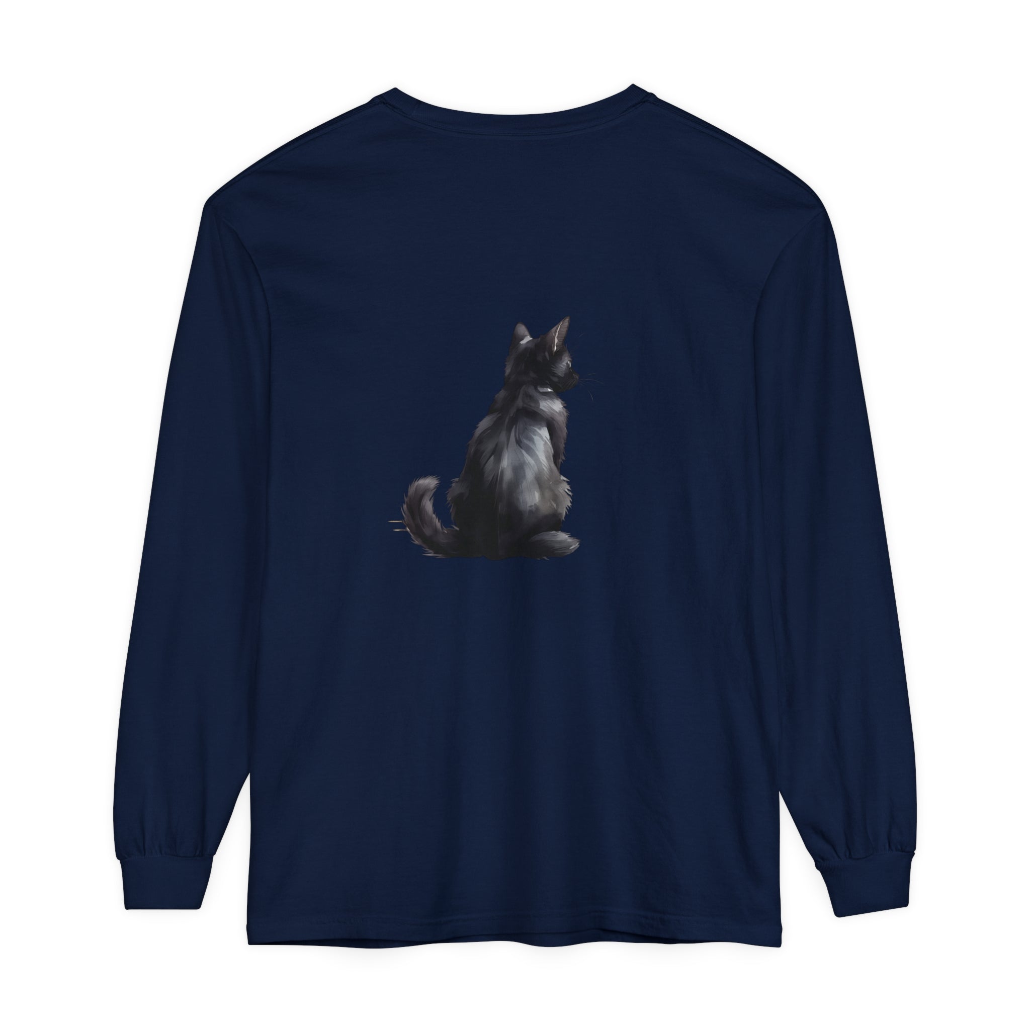 A black long sleeve unisex tee with a mysterious cat design