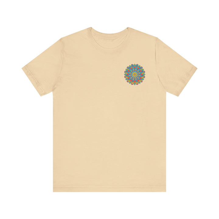 A vibrant and colorful psychedelic mandala t-shirt featuring intricate spiritual peace design