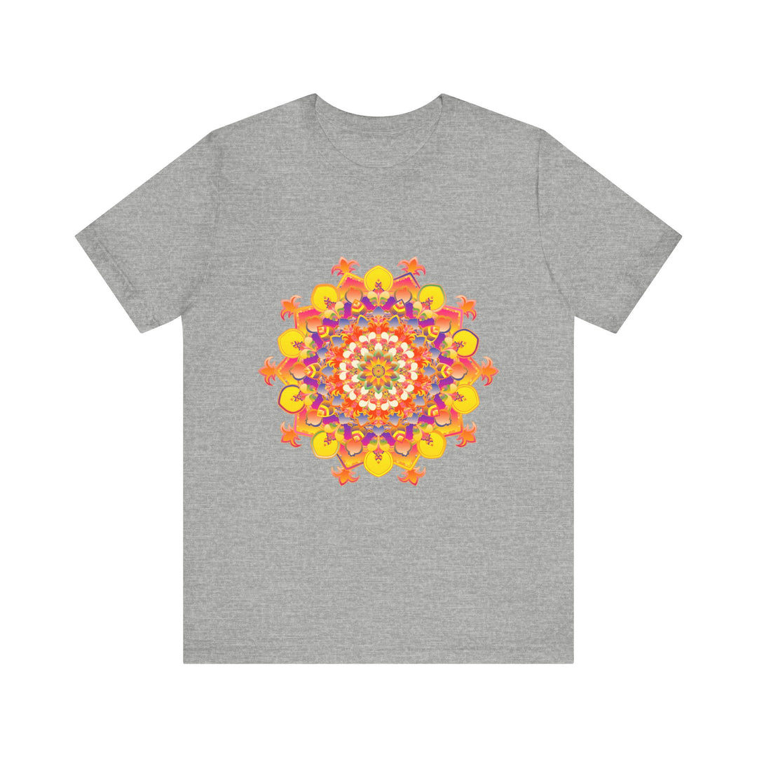 Colorful and intricate design of a vibrant mandala tee shirt featuring a mesmerizing pattern in multiple vibrant hues