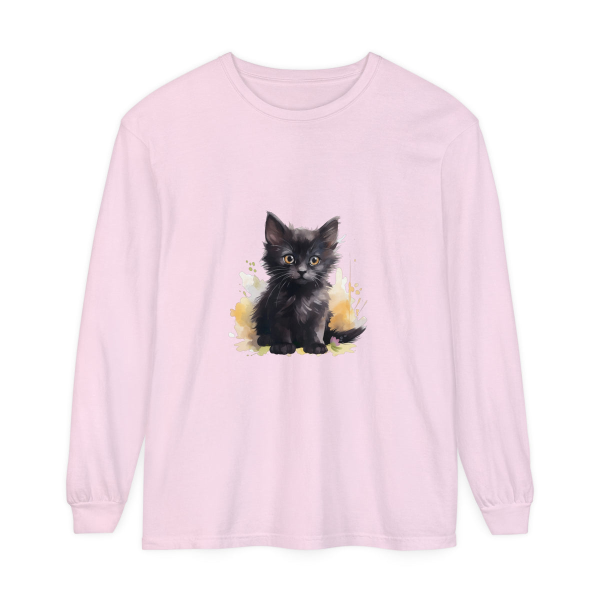 A vibrant and playful watercolor splash design featuring a black kitten on a high-quality t-shirt