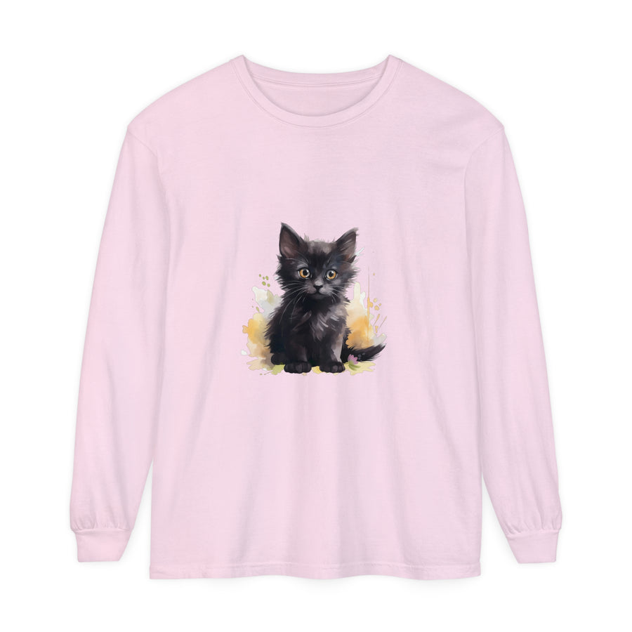 A vibrant and playful watercolor splash design featuring a black kitten on a high-quality t-shirt
