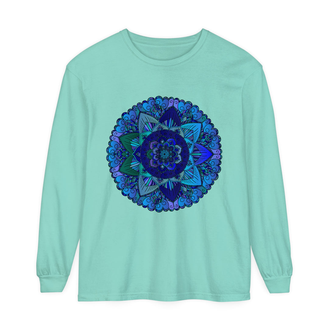 Dark blue and green mandala long sleeve t-shirt with intricate pattern