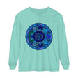 Dark blue and green mandala long sleeve t-shirt with intricate pattern