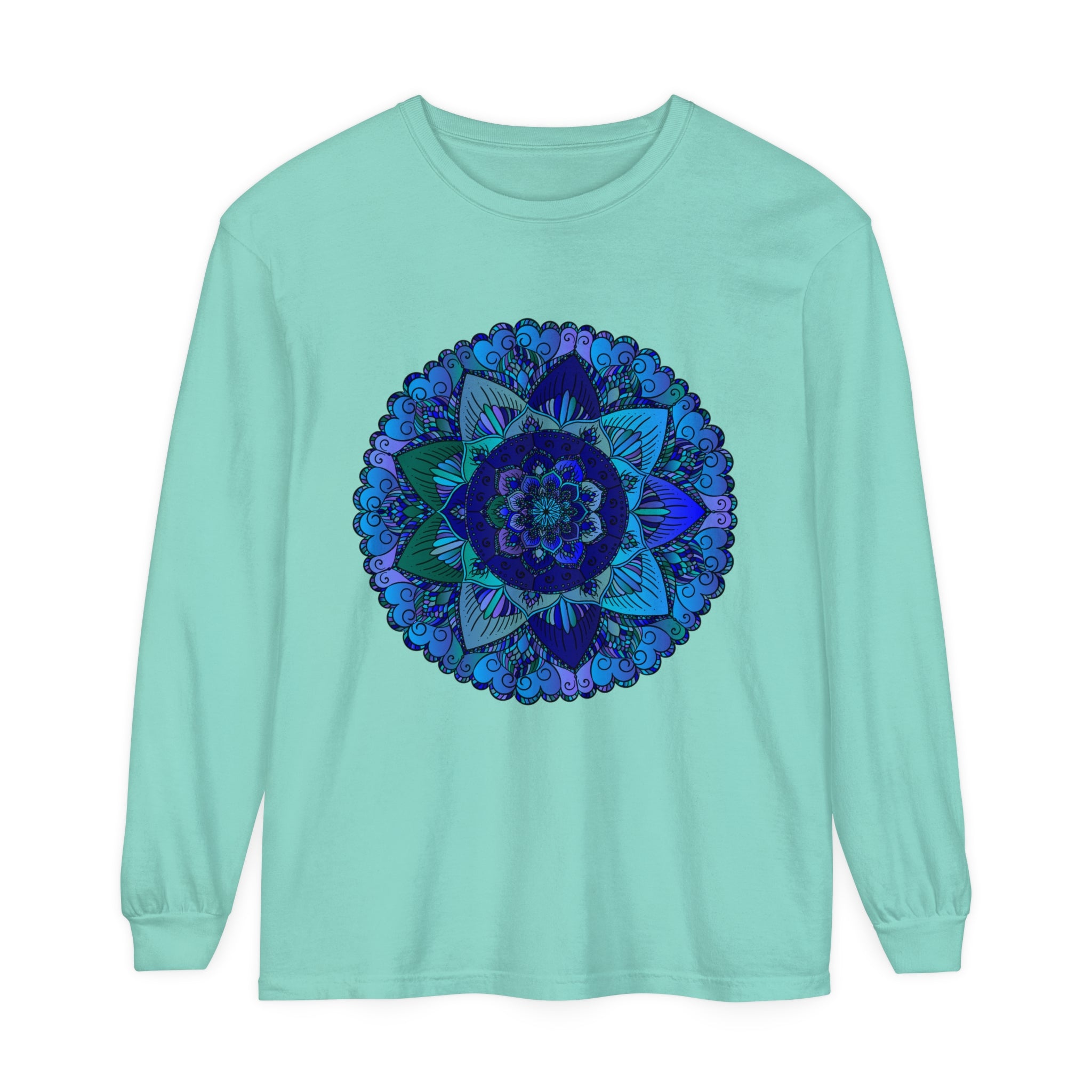 Dark blue and green mandala long sleeve t-shirt with intricate pattern