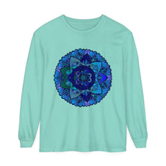 Dark blue and green mandala long sleeve t-shirt with intricate pattern