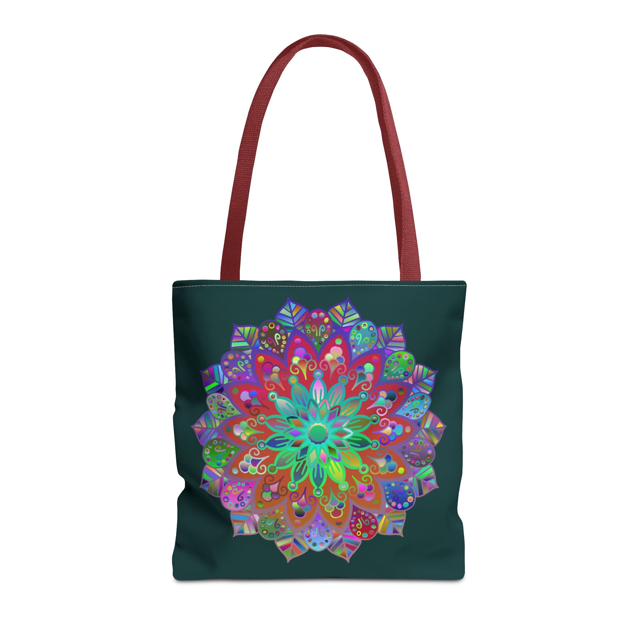 Dark green tote bag with intricate and vibrant mandala design