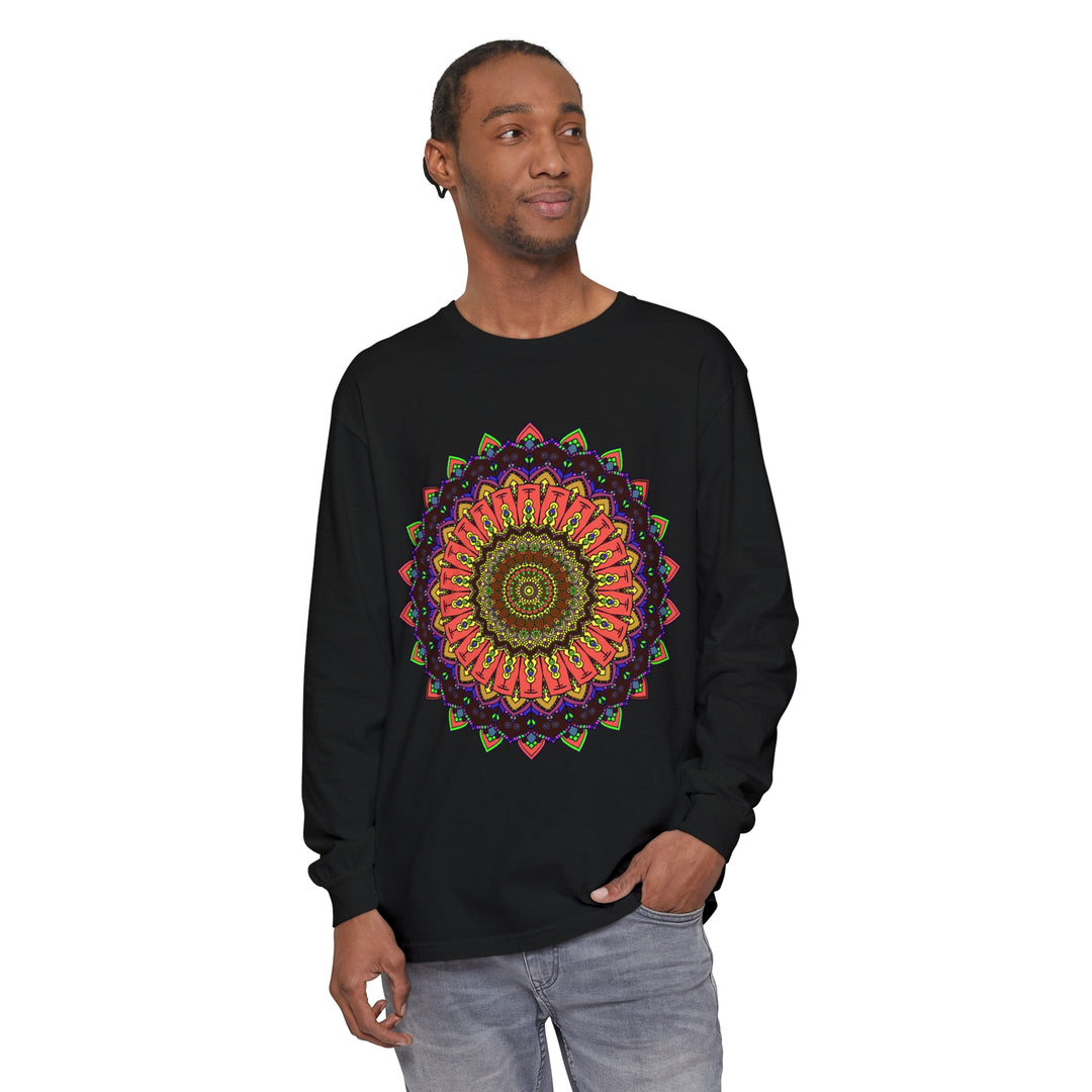 Intricate Mandala Long Sleeve T-Shirt - Colorful Design featuring a detailed and vibrant mandala pattern on a comfortable long sleeve shirt