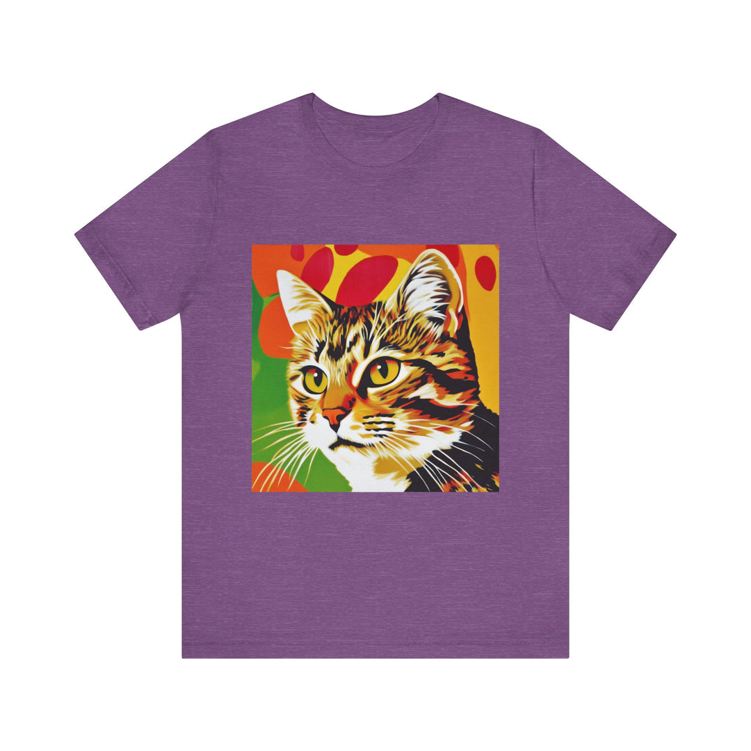 A colorful and vibrant short sleeve tee featuring a pop art design of a tabby cat