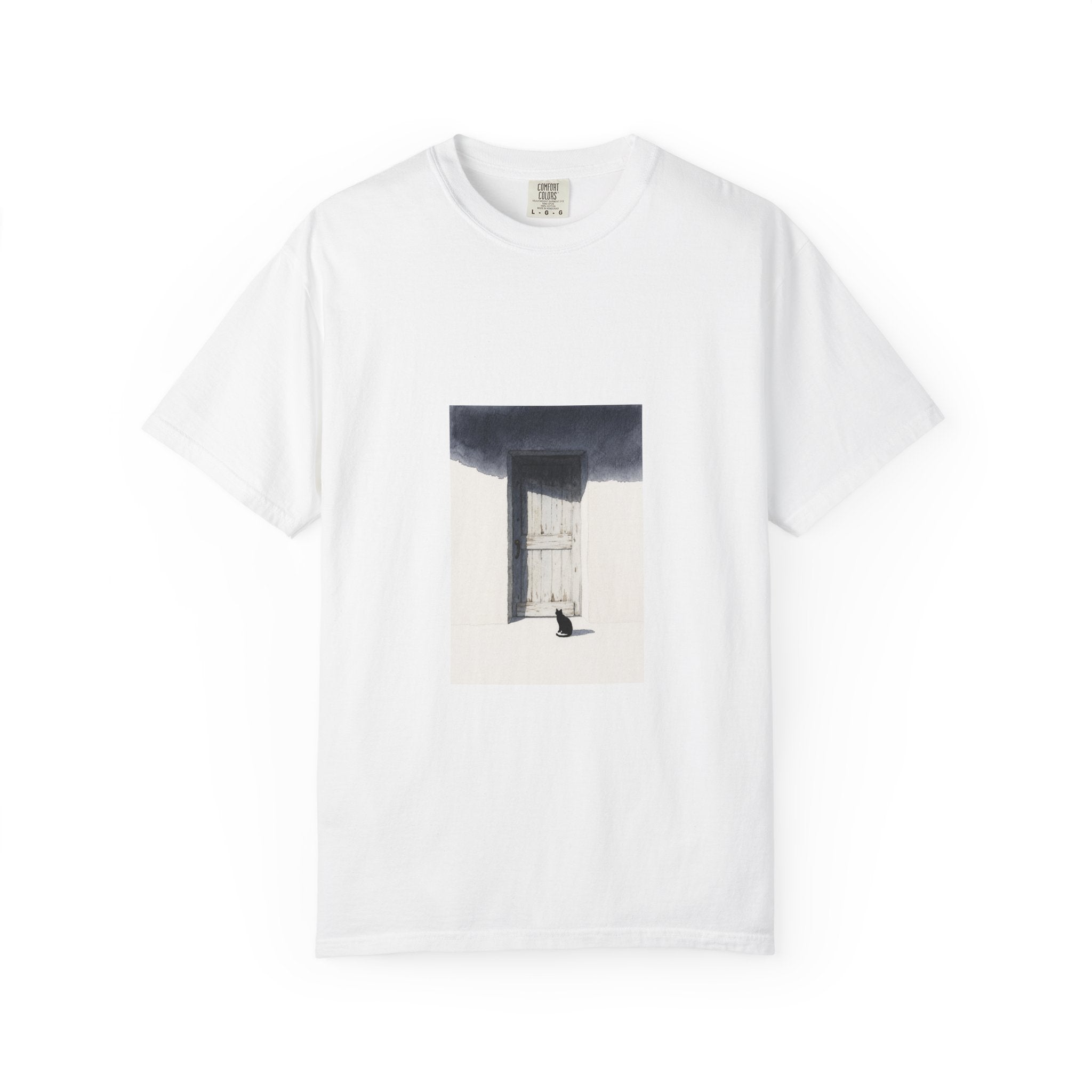 T-Shirt — Minimal Art Cat at Door Graphic Tee